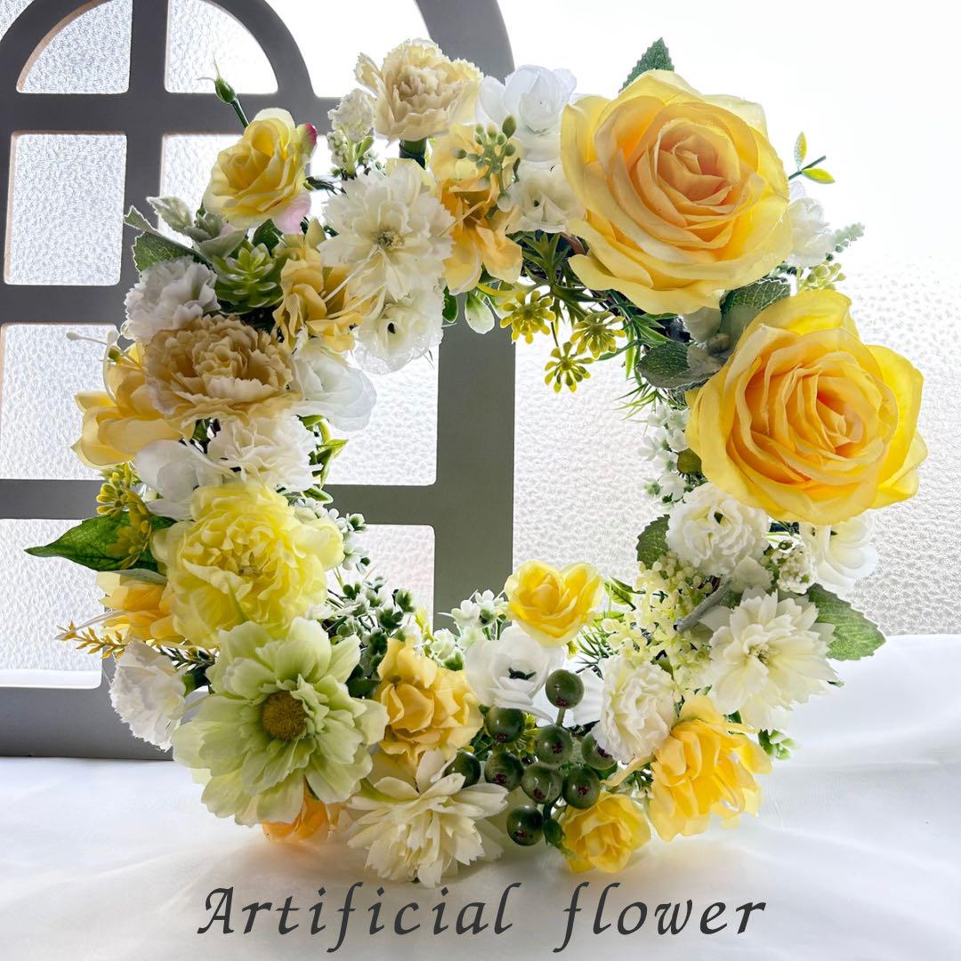 アーティフィシャルフラワーリース 花畑 イエロー&ホワイト No