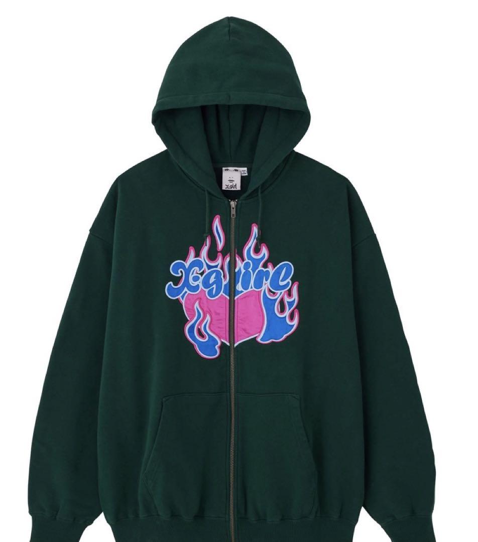 X-girl SWEAT ZIP UP HOODIE M グリーン パーカービッグ