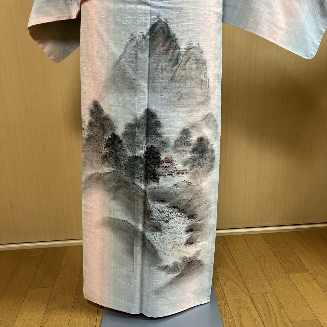 訪問着 紅花紬 山水柄の秀品❣️袷仕立上り❣️少々難