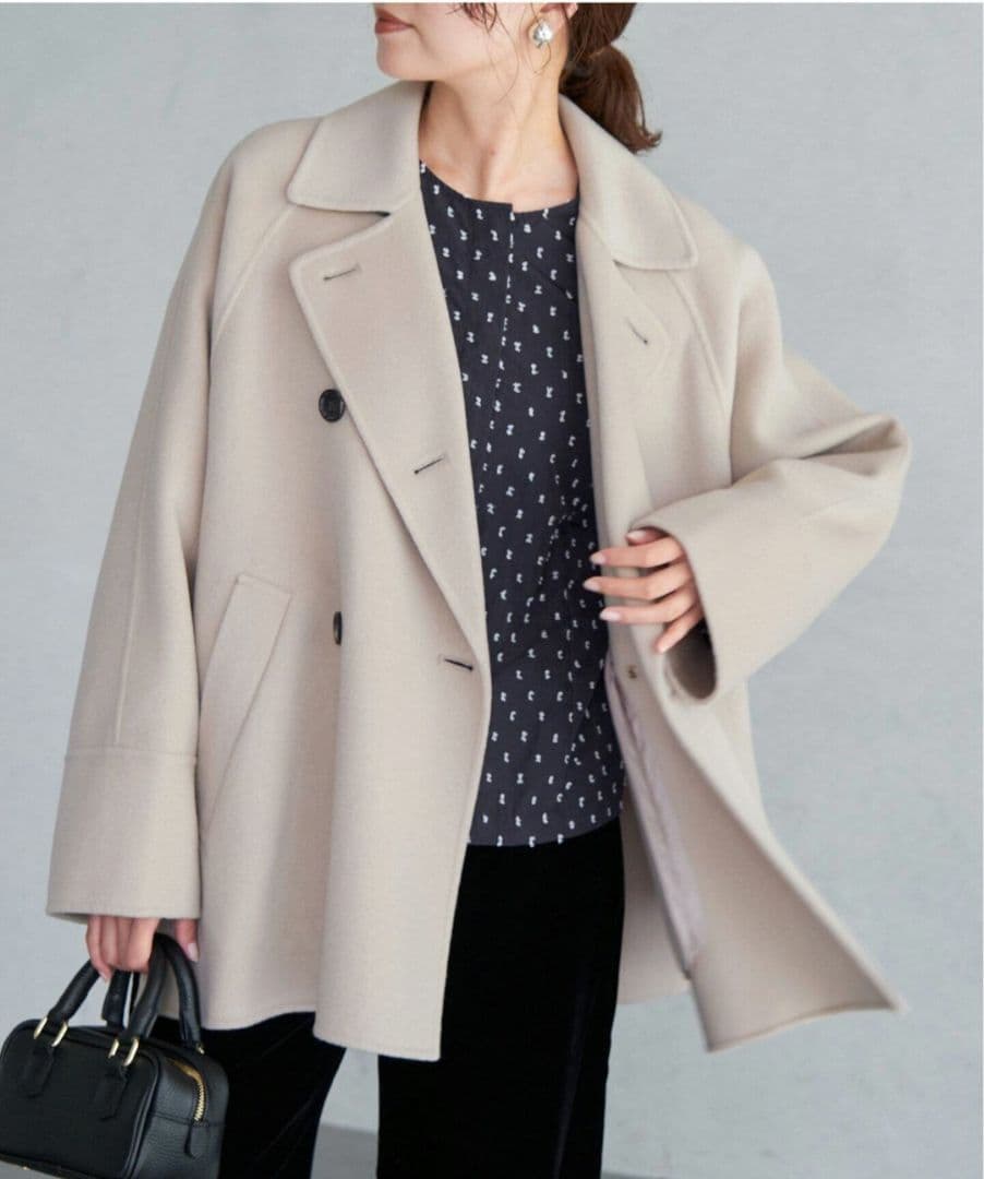 美品★IENAスーパー160ダブルフェイスショートコート36ベージュ 美品★IENAスーパー160ダブルフェイスショートコート36ベージュ