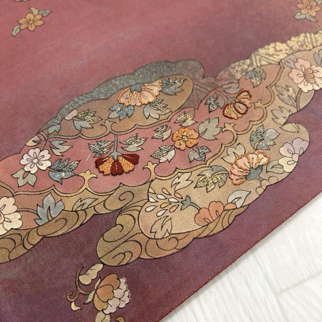 袋帯 上品な花唐草 花紋に向かい鳥の刺繍 六通 正絹 着物 RO-2304