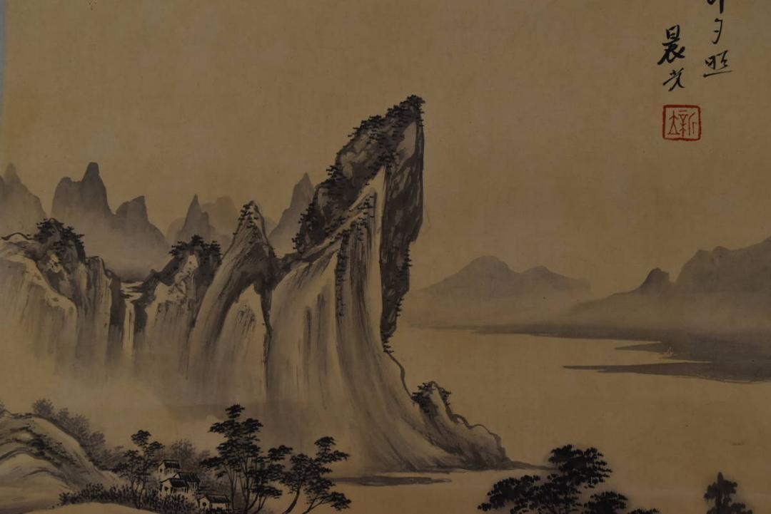 晨光/中国/山水画/漁村夕照/掛軸/名家伝来/AA-220