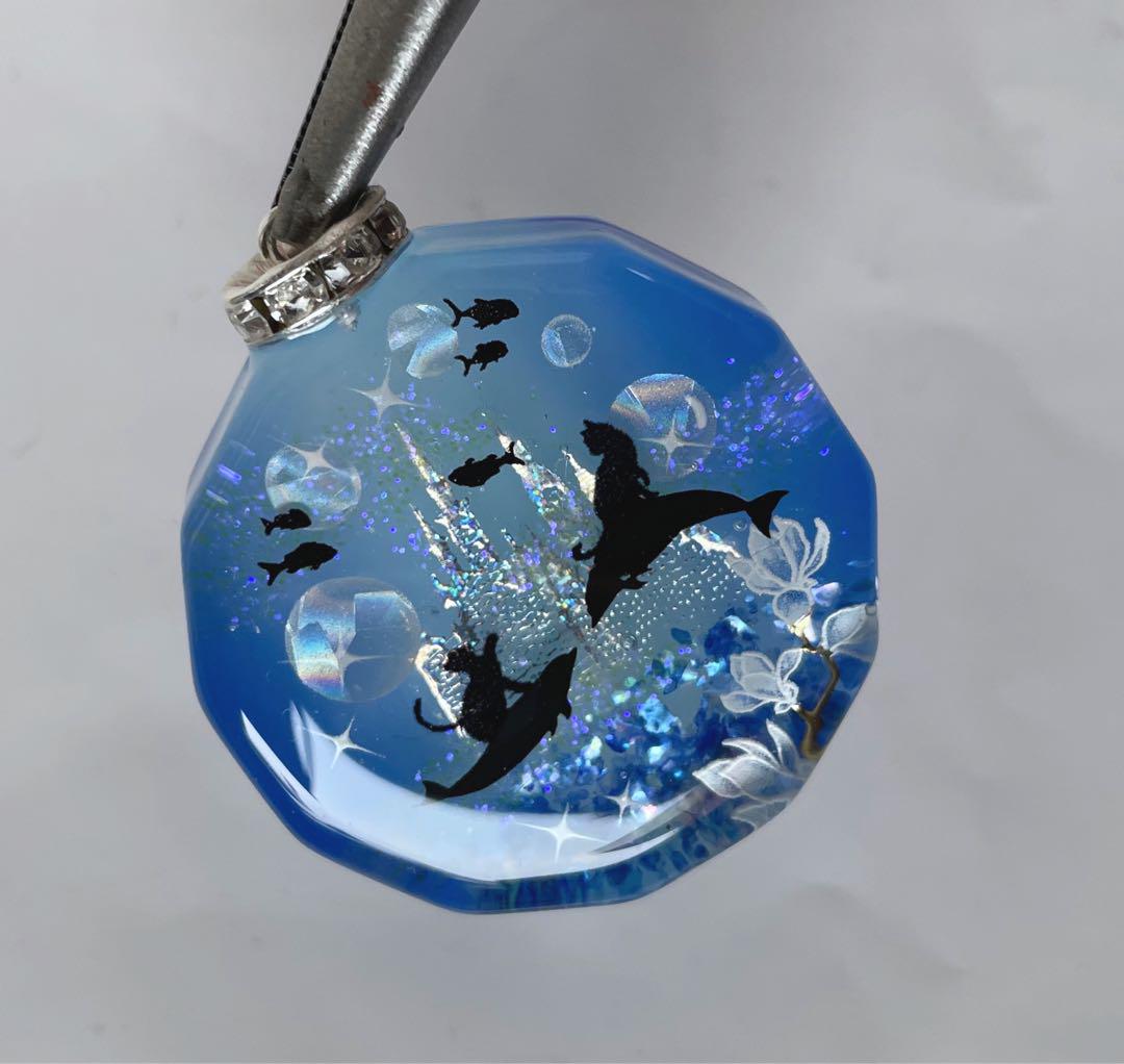 展示用/レジン/海中の城とイルカと子猫 蓄光 オルゴナイト
