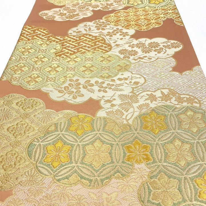 pk294 正絹 七宝 蜀江文 花柄 フォーマル 袋帯 六通