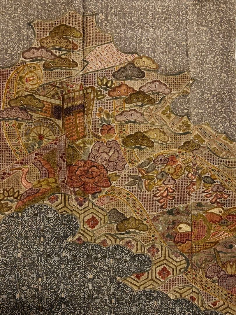 新品最高級結城紬に丁寧できめ細やかな汕頭刺繍が沢山施された紬訪問着　汕頭刺繍袋帯