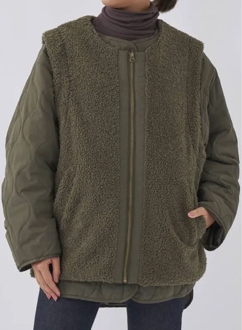 カーキキルティングジャケットボアベスト