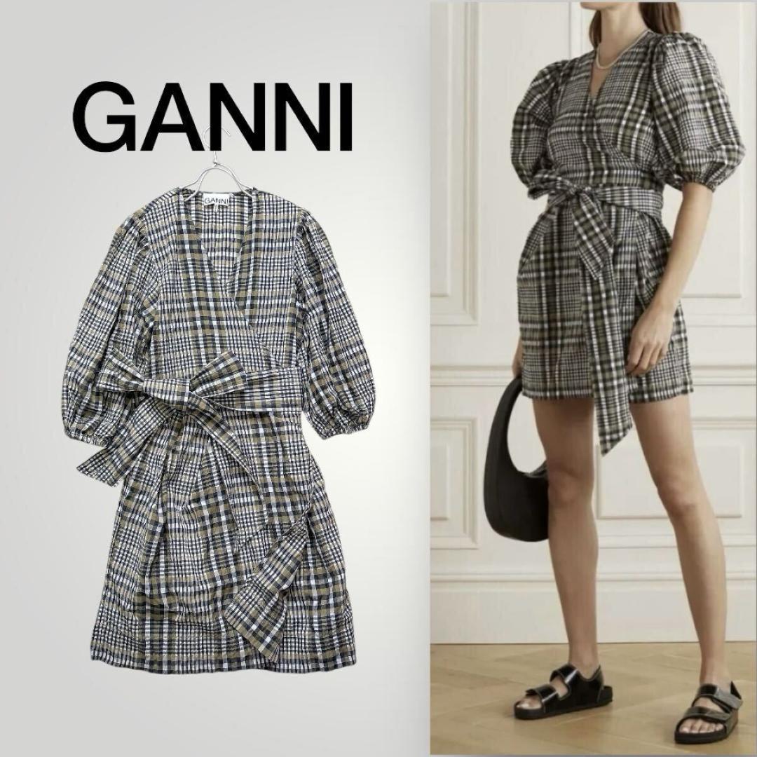 お値下！ GANNI ガニー美品シアサッカーチェックカシュクールミニドレス GANNI”ガニー美品シアサッカーチェックカシュクールミニドレス