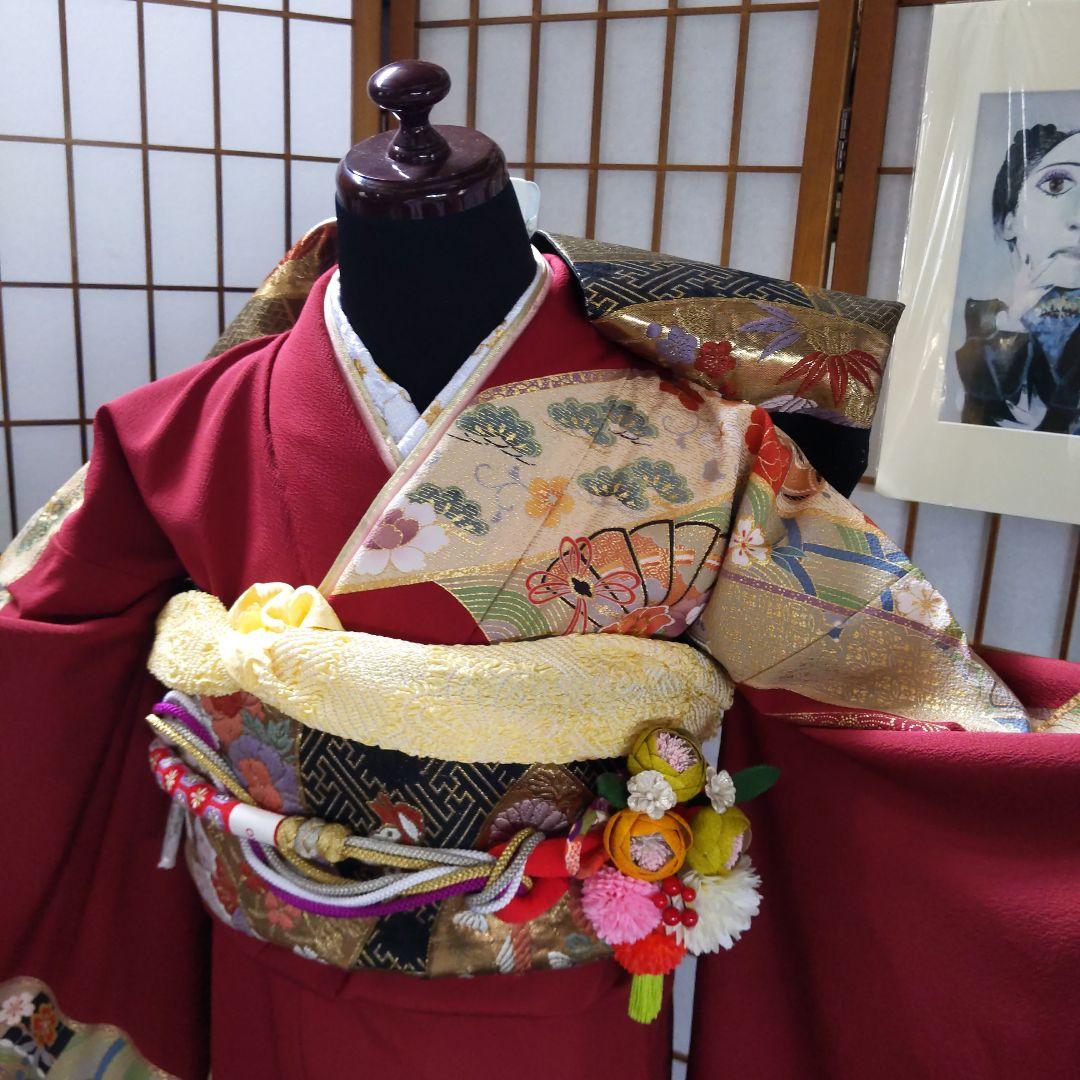 331.お嬢様らしい優しいえんじ 振袖正絹6点フルセット 成人卒業