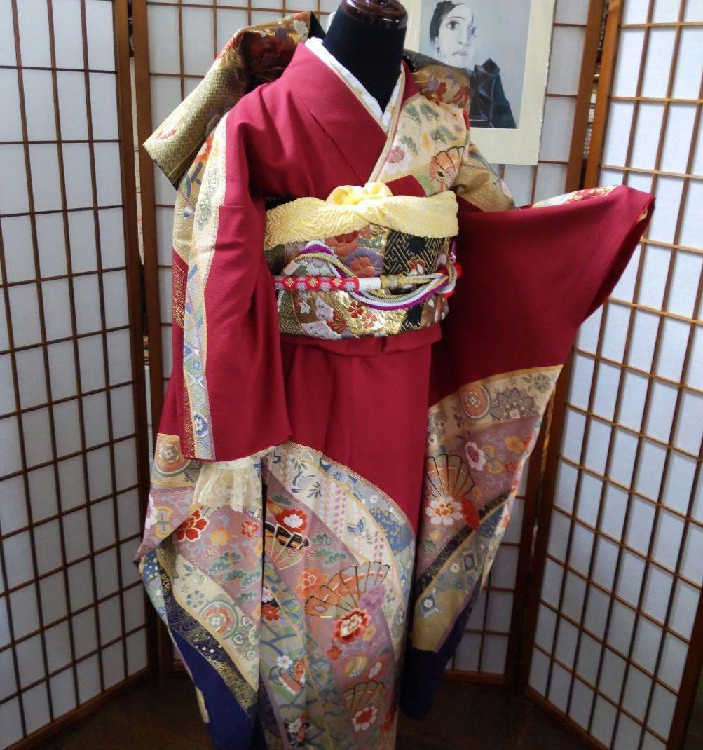 331.お嬢様らしい優しいえんじ 振袖正絹6点フルセット 成人卒業