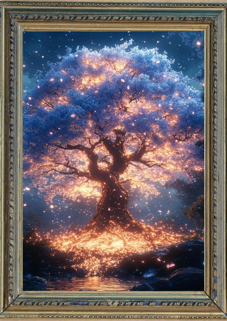 ふーか月と金の幸せの木と虹とピアノ開運絵画原画 金運・仕事運✨幸福の木✨No.125【開運•風水•絵画風・ヒーリング