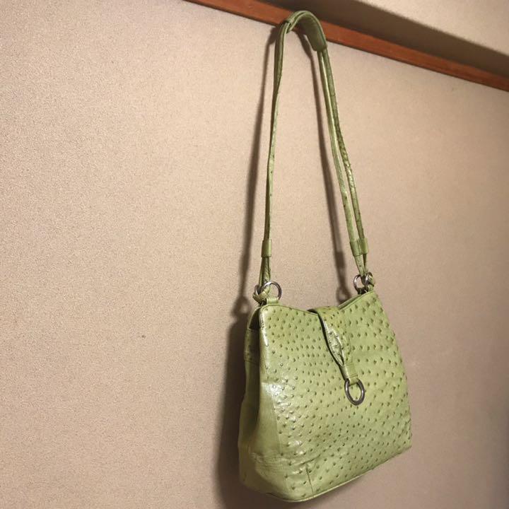 在庫あ特価 美品 本革 駝鳥革 パステルライム ハイカラ オーストリッチ ショルダーバッグ cQES2-m45108746657 新品人気