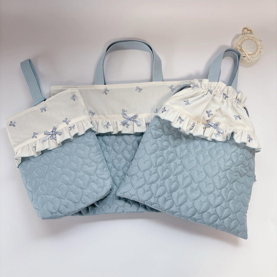 りぼん　刺繍生地　ハート　キルト　キルティング　ヌビ　レッスンバッグ　上履き袋