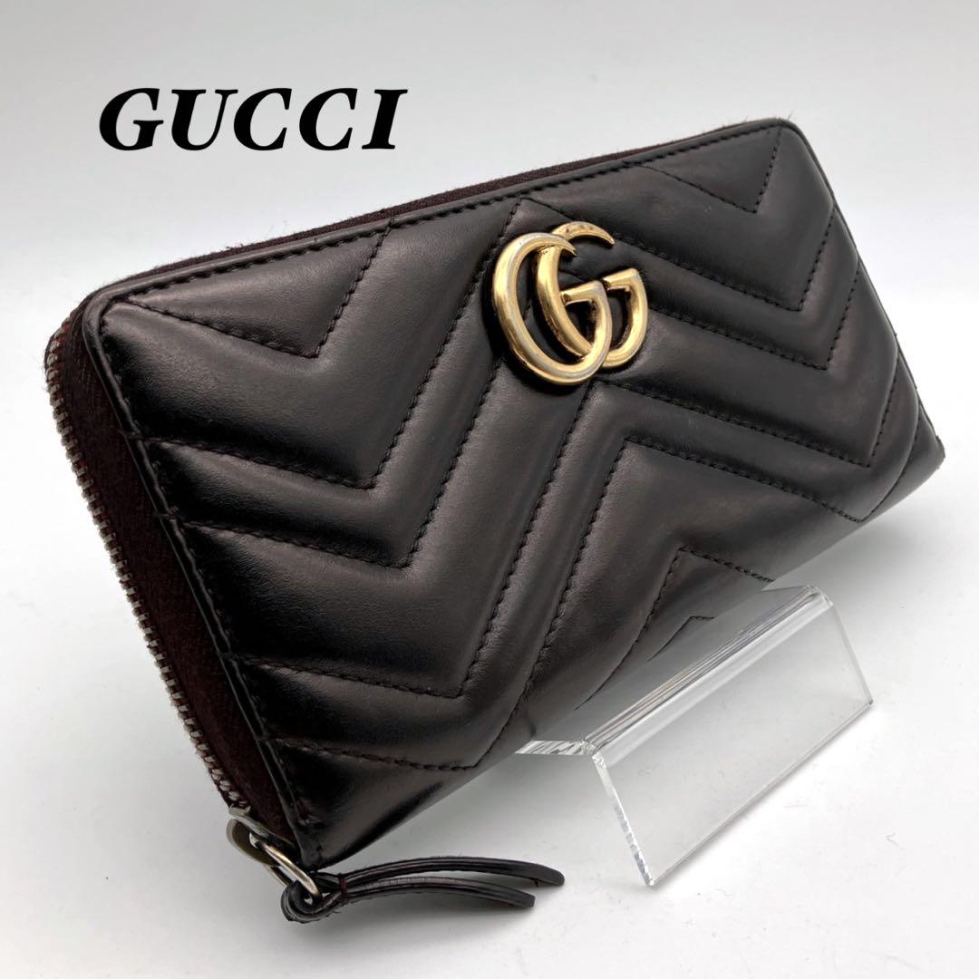 GUCCI グッチ 長財布 マーモント ラウンドジップ ブラック レッド GG
