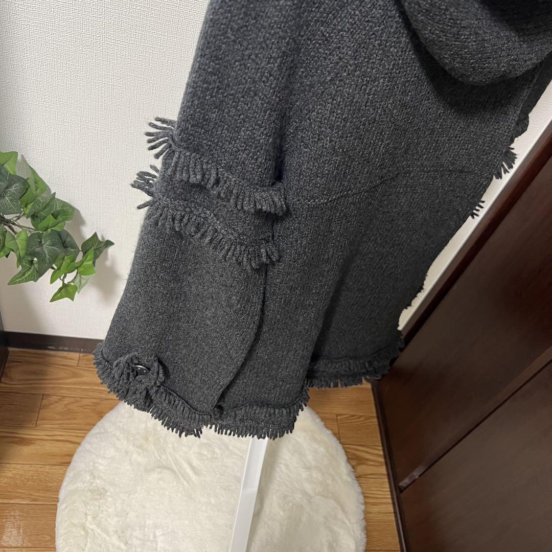 CHANEL シャネル フリンジ付きダークグレーコートカーディガンフード付き美品