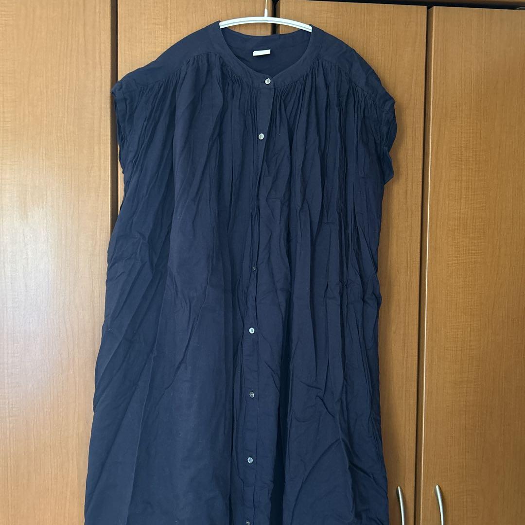 ネイビー 半袖 ロングシャツワンピース