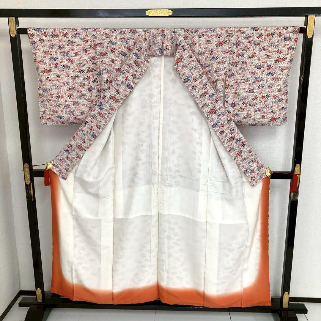 紅型 縮緬 小紋 正絹 流水に鳥に花 着物 U-5751