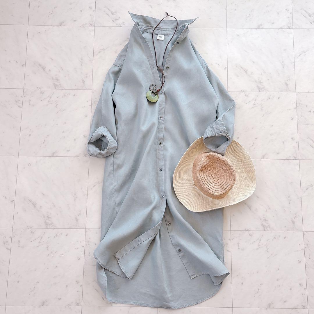 美品 ドアーズ 24SS リネン100% ギャザー ロング シャツワンピース