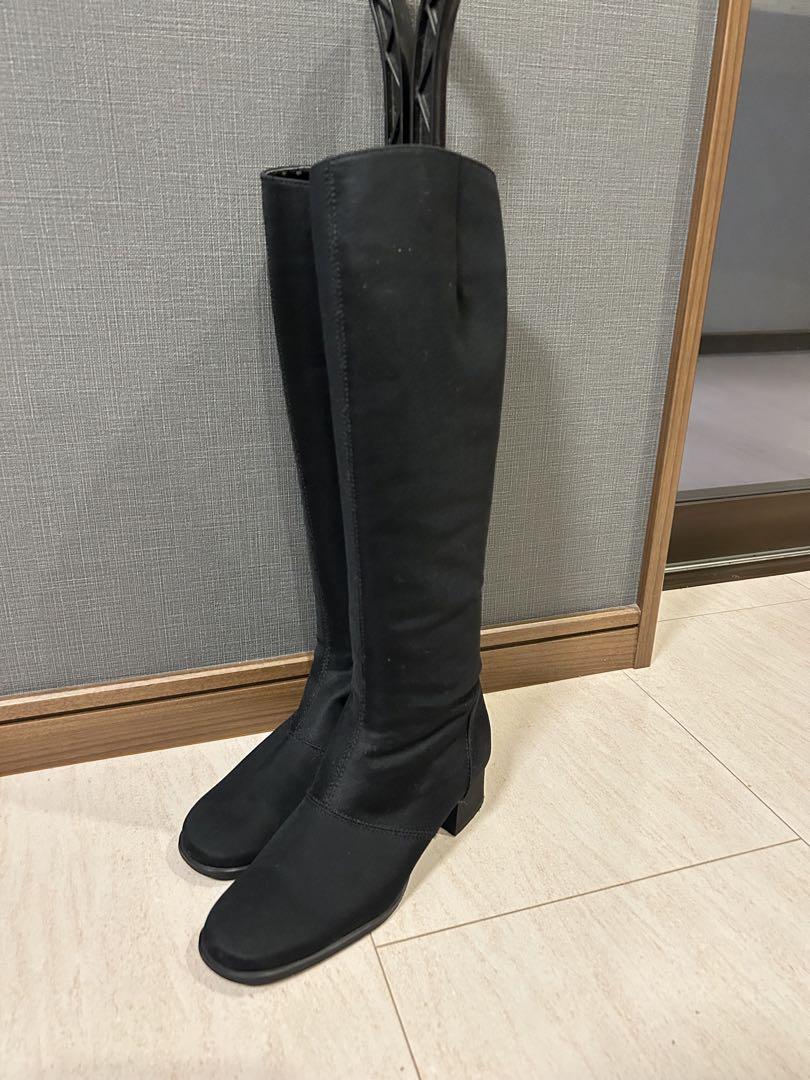 銀座かねまつ】レインブーツ 黒GORE-TEX ロング 低ヒール 22.5