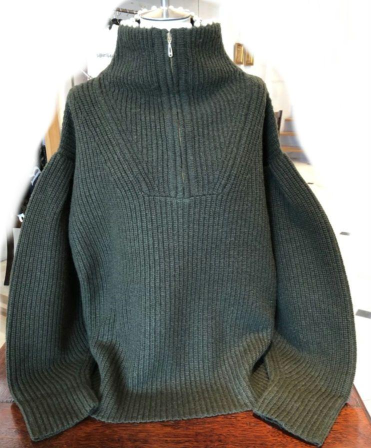 MUVEIL パール ニット プルオーバー ハーフジップ カーキ 36 トップス