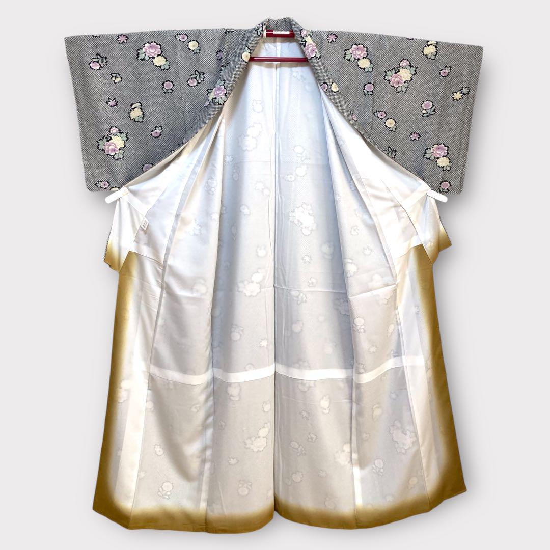 【未使用美品✨】東レシルック　洗える着物　小紋　袷　京都小泉　疋田　四季草花E2
