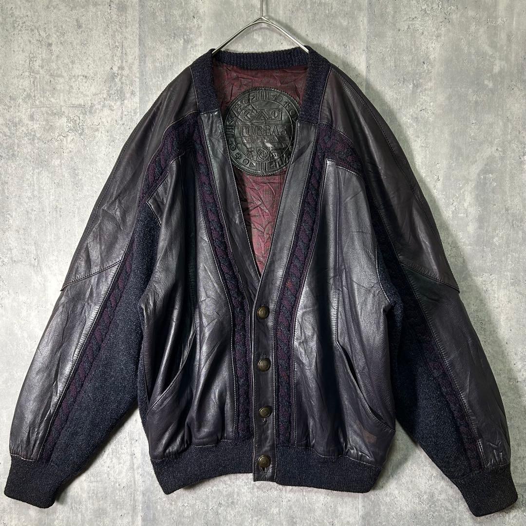 極上 スペイン製 レザー 切替 ニット カーディガン 紫 希少カラー 本革 極上 スペイン製 レザー 切替 ニット カーディガン 紫 希少カラー 本革