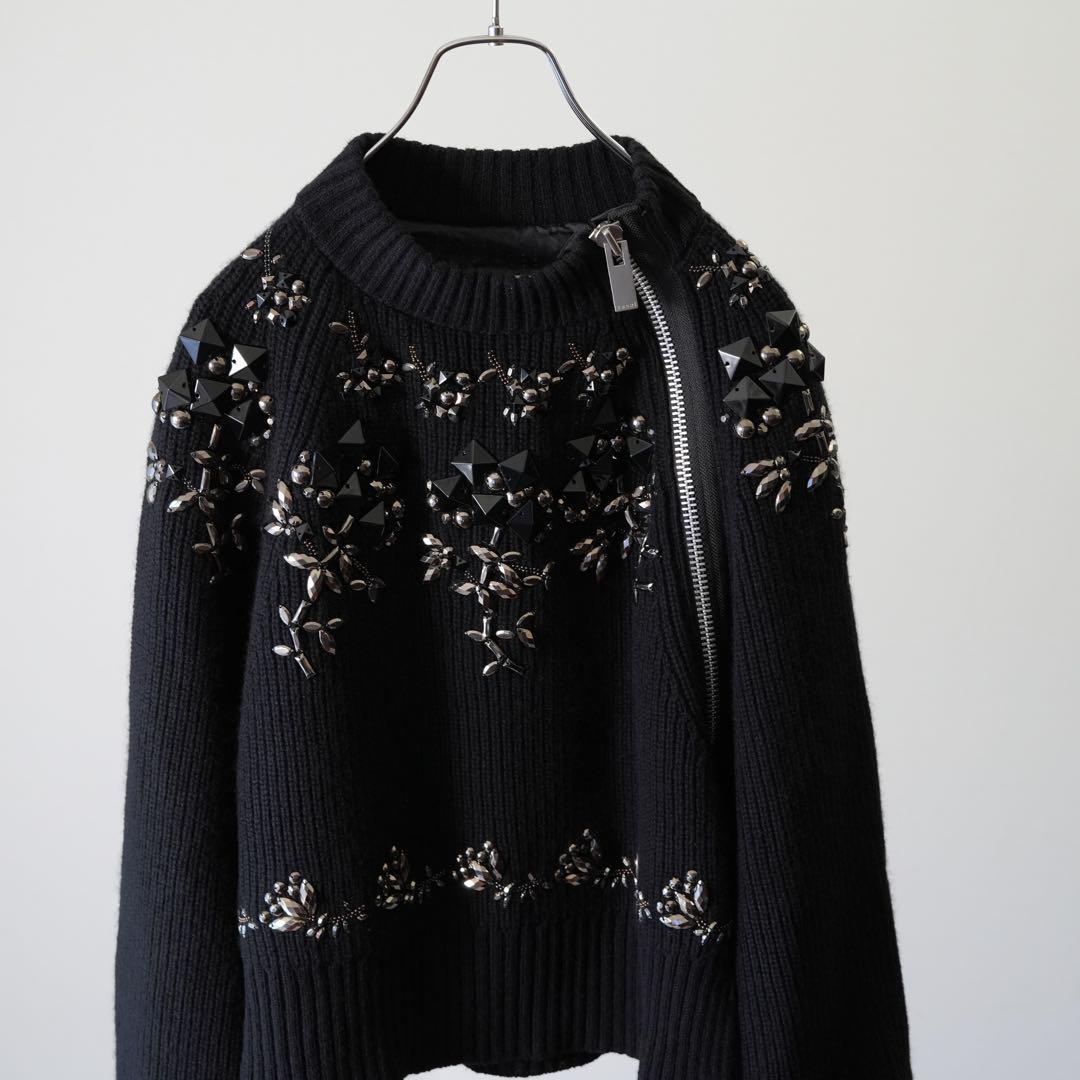 極美品 sacai サカイ ジップディテールニット ビジューニット ウール 1