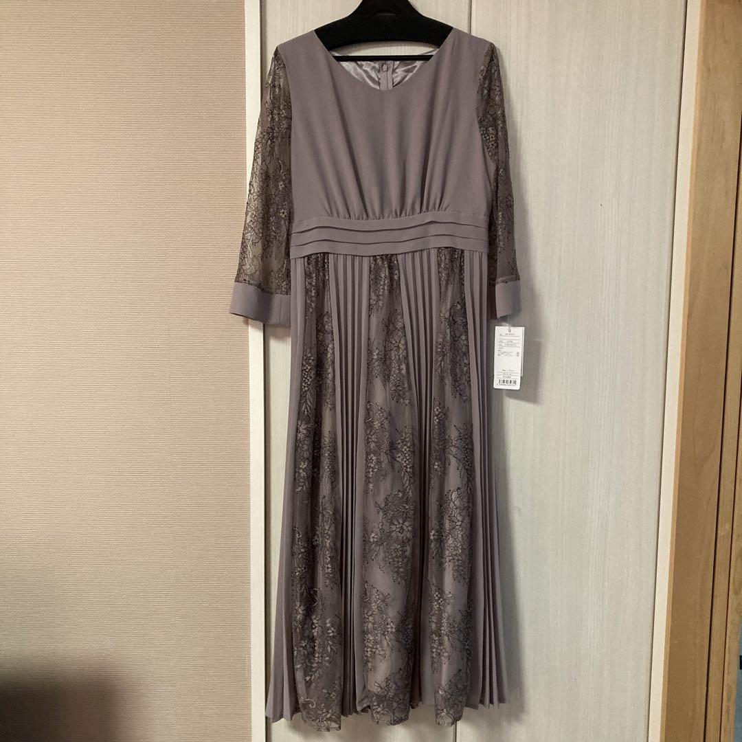 プリーツ×レース 7分袖 結婚式ワンピースドレス お呼ばれドレス　L