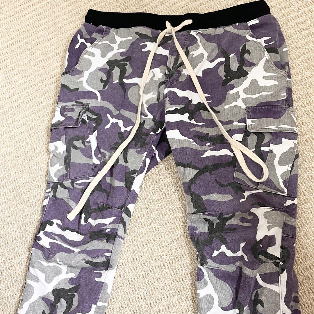 サイズXL ミニマル カモフラ カーゴパンツ イージーパンツ 裾ジップ 紫