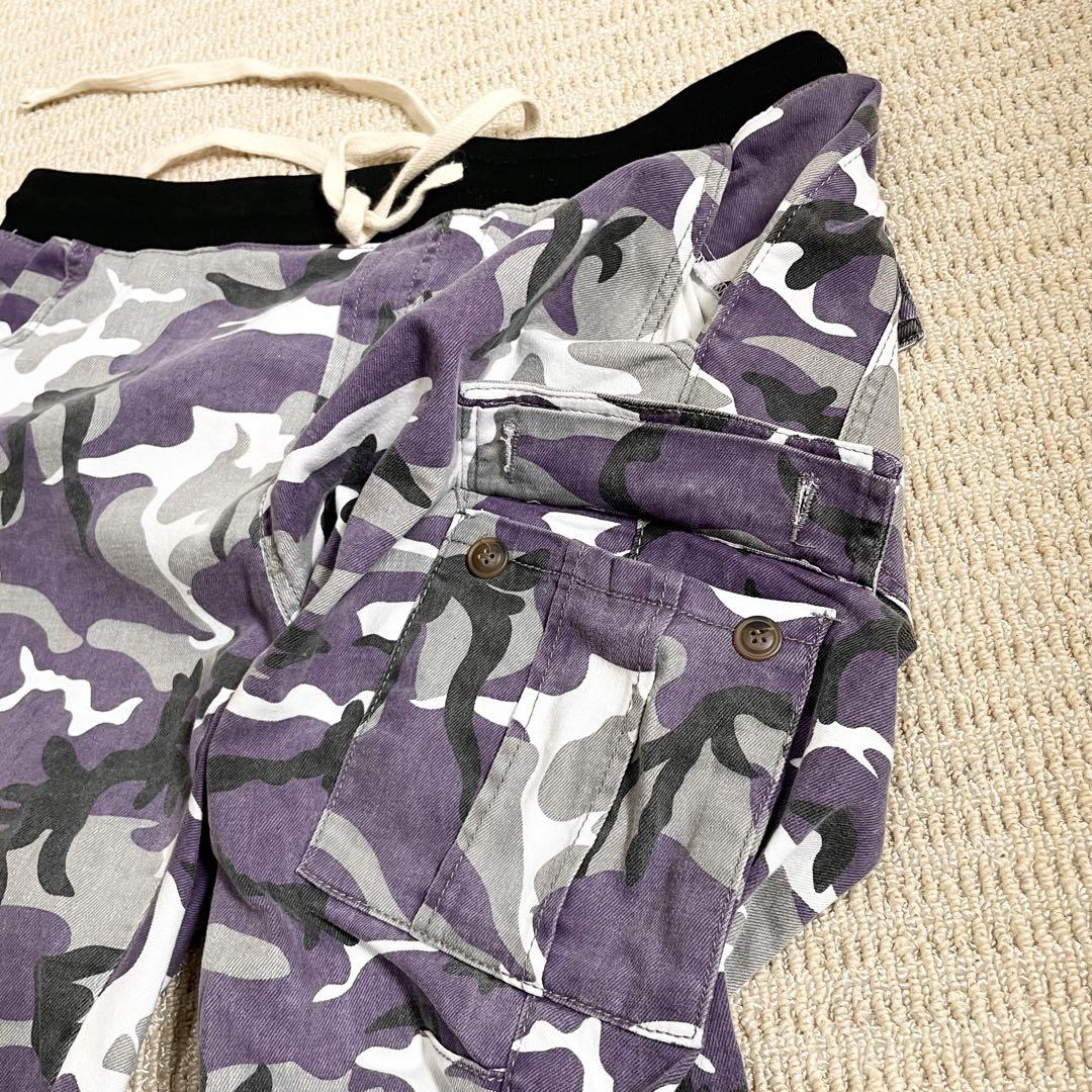 サイズXL ミニマル カモフラ カーゴパンツ イージーパンツ 裾ジップ 紫