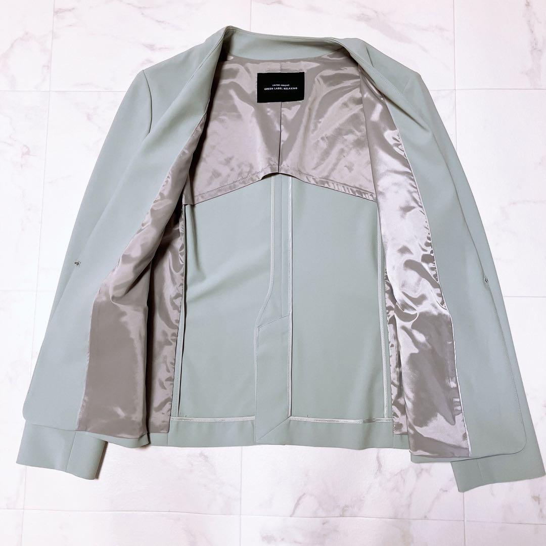 【美品】手洗可　防皺ストレッチノーカラージャケット38M ブルーグレー