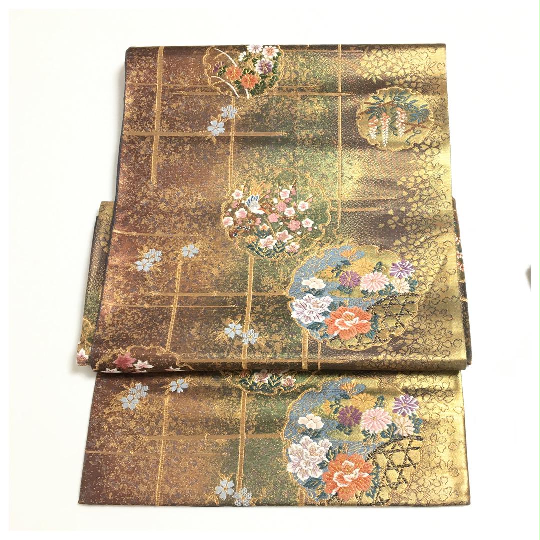 専用夏物　袋帯　正絹　二部式　淡いグリーン　花模様　二重太鼓　作り帯 正絹 袋帯 雪輪 花模様 金茶 二部式 二重太鼓 作り帯 - メルカリ