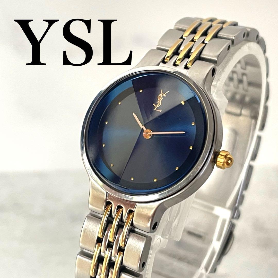 稼動品　YSL イヴサンローラン　カットガラス　ネイビー　コンビカラー　腕時計