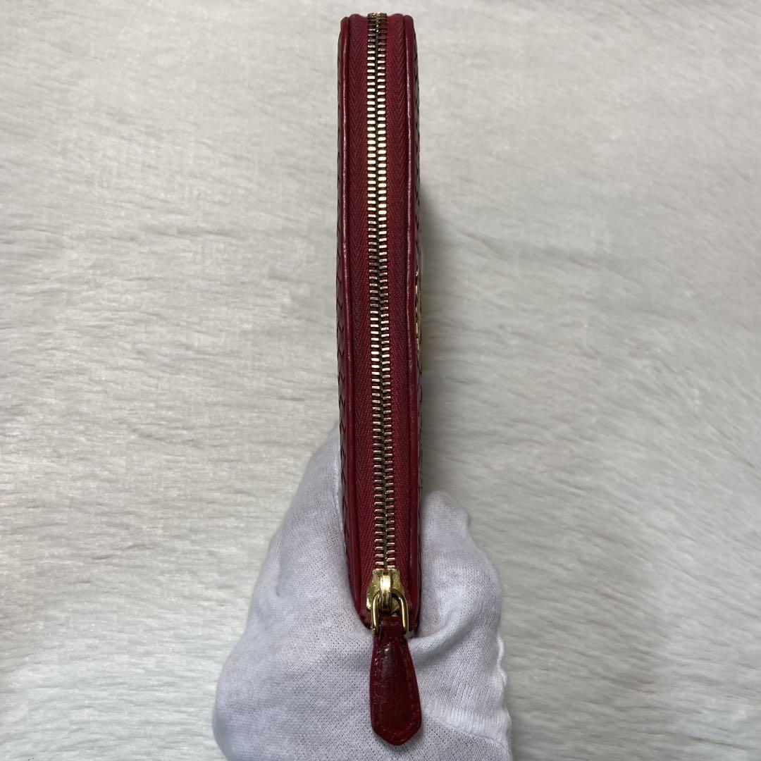希少早い者勝ち　PRADA プラダ　編　長財布　L字　ファスナー　茶　赤　ピンク 希少早い者勝ち PRADA プラダ 編 長財布 L字 ファスナー 茶 赤
