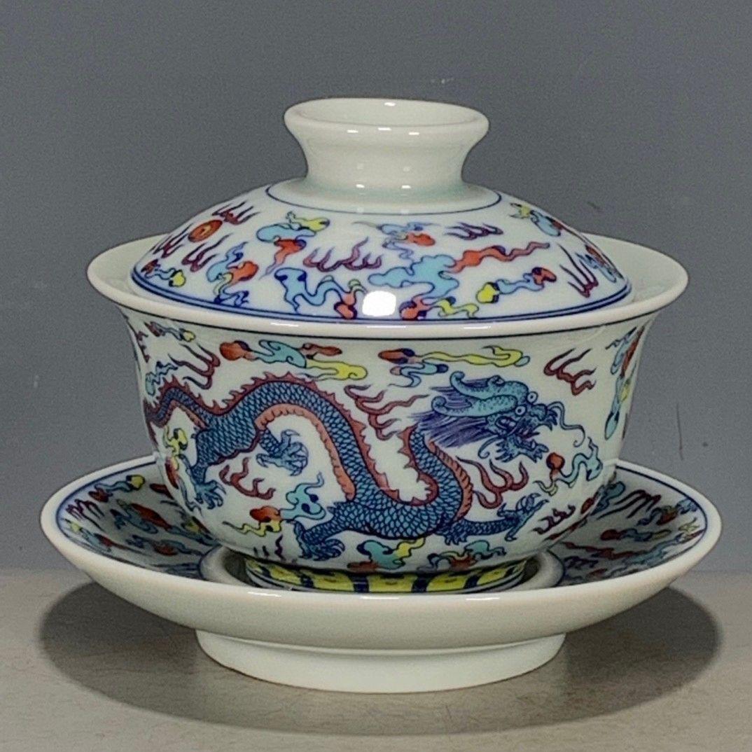 大明成化斗彩釉下彩三才蓋碗大湯飲 景徳鎮  陶磁器  現代工芸品 美術品 置物