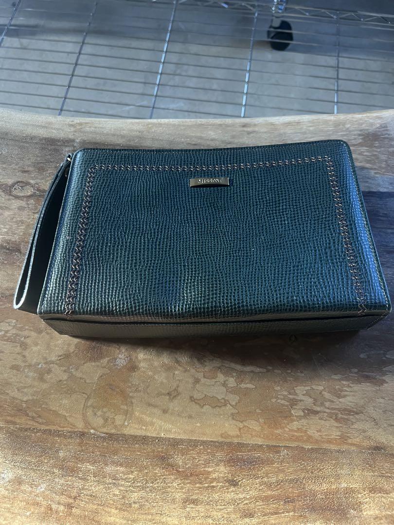 【ヴィンテージ】MISSONI グリーンレザークラッチバッグ約26cm×18cm