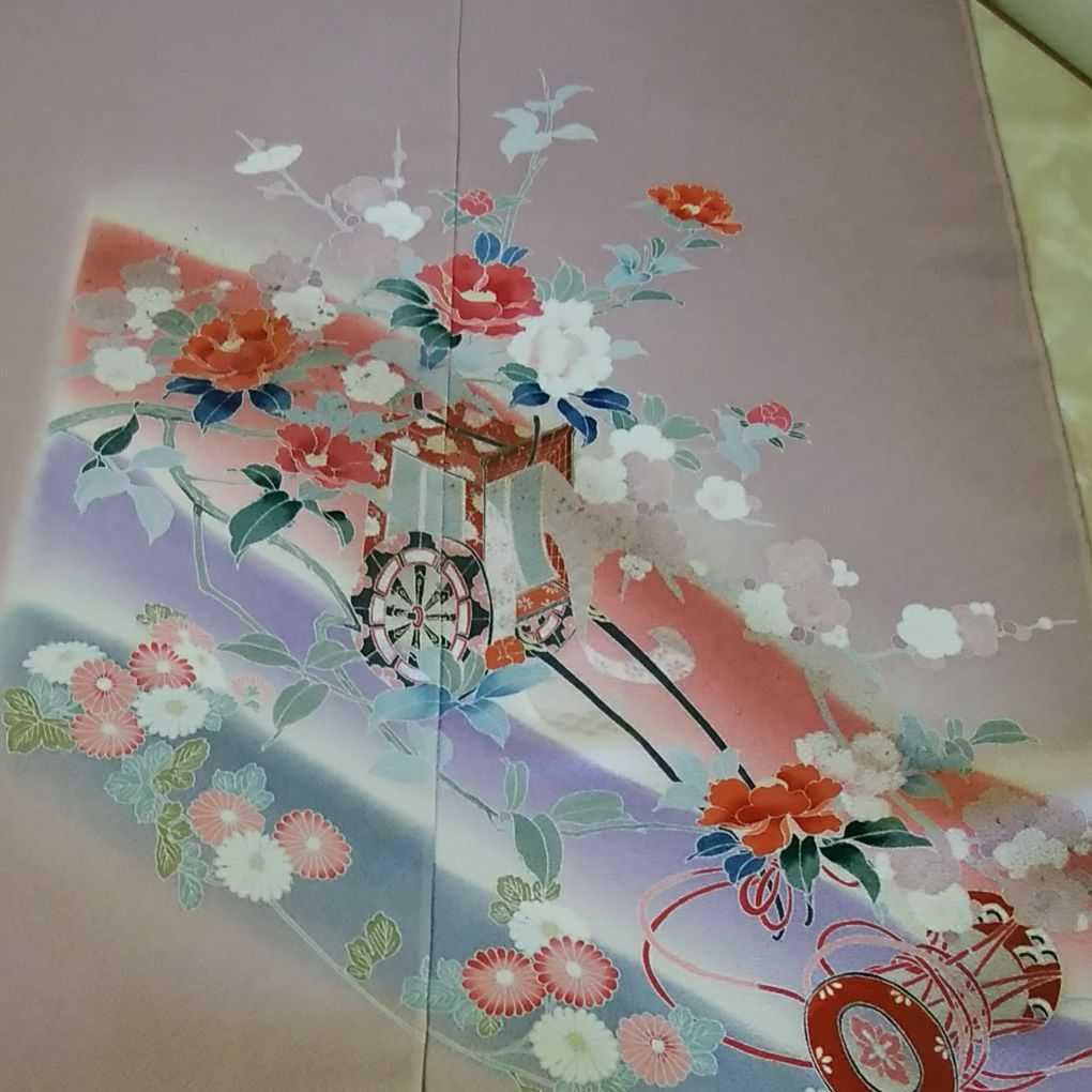 正絹付下げ反物41(薄紫、花と牛車、金彩)