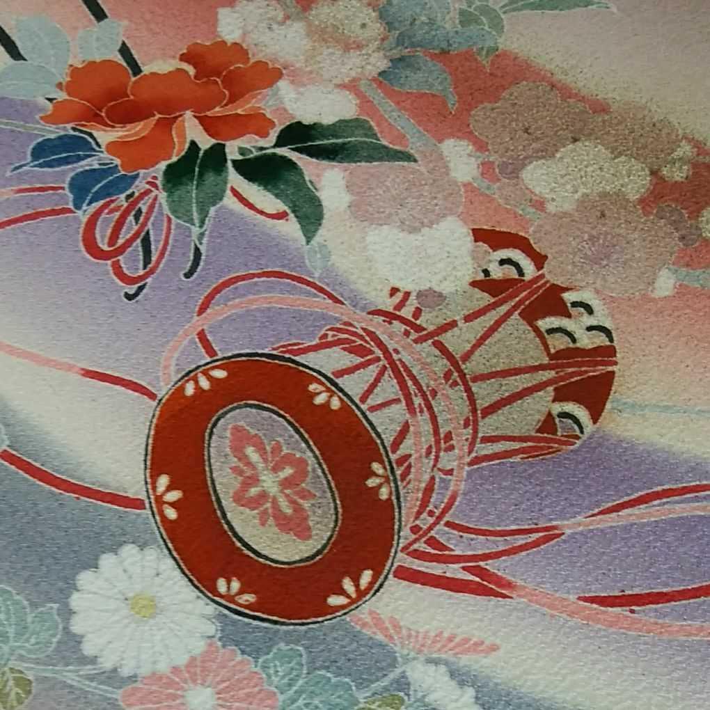 正絹付下げ反物41(薄紫、花と牛車、金彩)