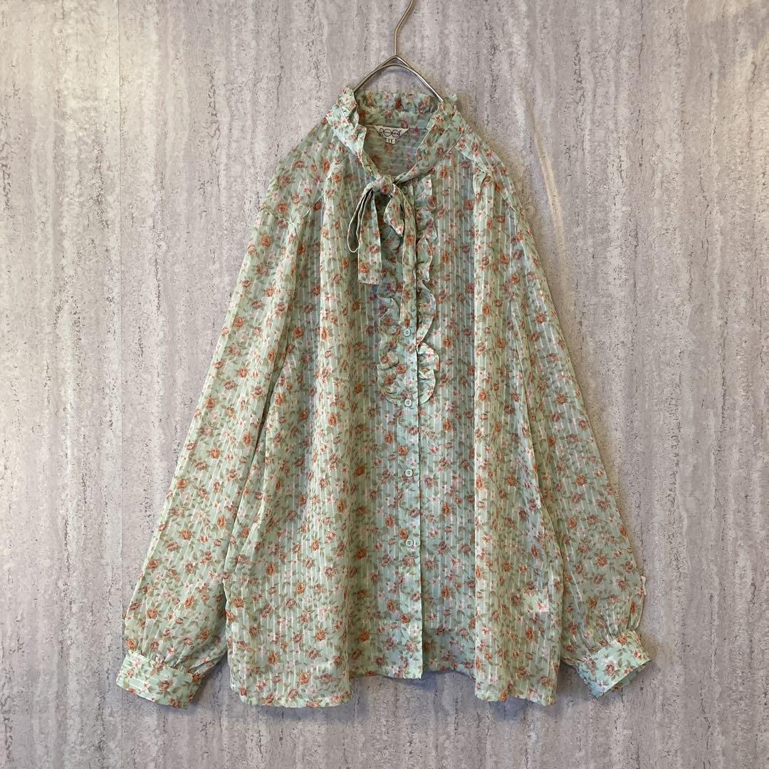ヴィンテージ ブラウス お花柄 リボンタイ レトロ 可愛い くすみみ紫 ピンク ヴィンテージ ブラウス 花柄 リボンタイ フリル レトロ 可愛い