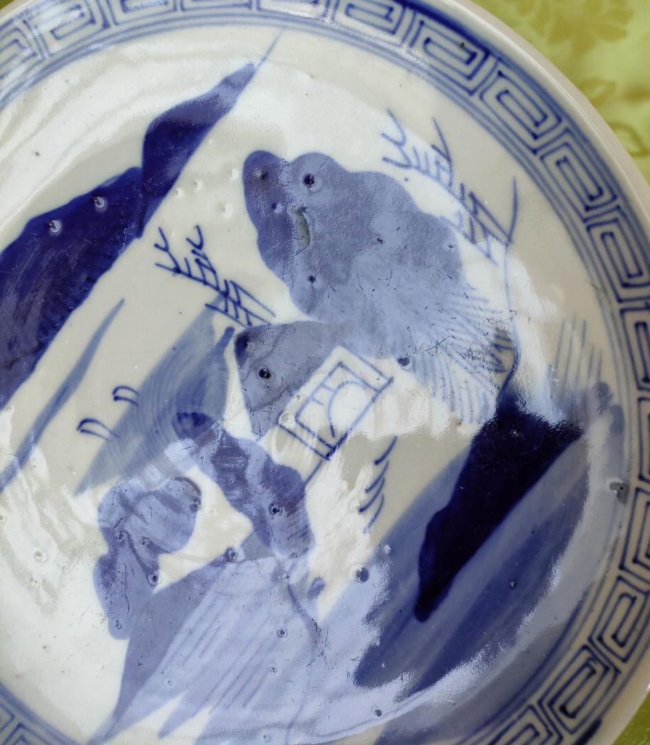 中皿　手描染付皿京山仙人図　直径約19センチ×５枚【山水の絵柄　時代物】 陶器 中皿 染付 山水図 海辺の東屋 骨董 Aa-135 ⁅SUM⁆