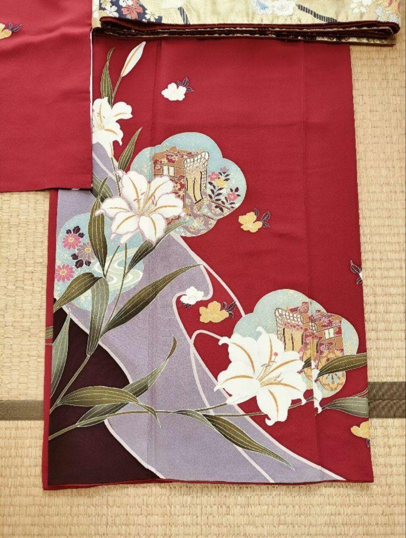 最終値下げ*成人式に♥️美品*高級振袖8点セット*大輪の石楠花 菊 藤の花 更紗 華徒然×吉木千沙都 ワインレッド/ボルドー 牡丹柄/桜柄 人と被ら