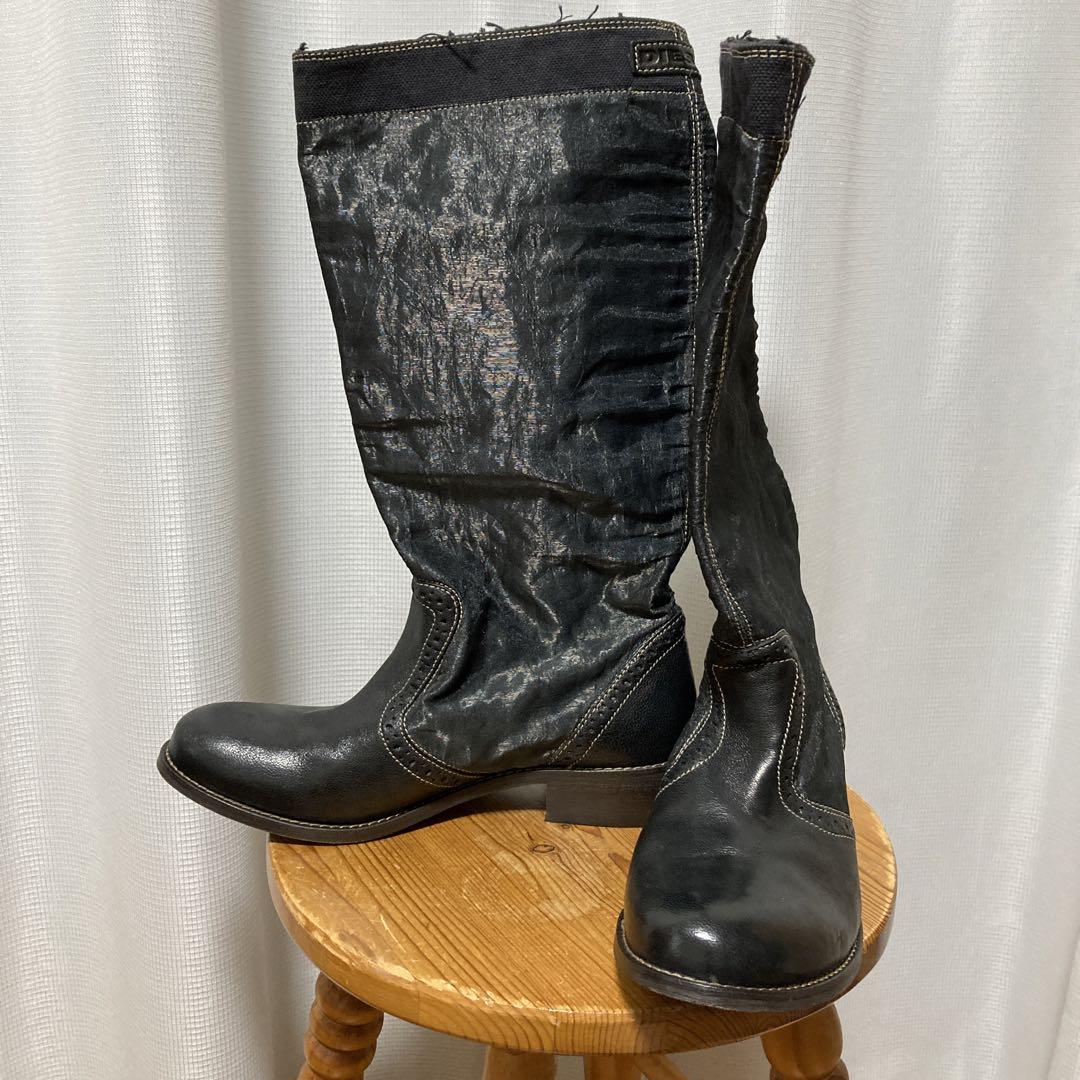DIESEL黒 レザーと布のロングブーツ ヒール3.5cm - メルカリ