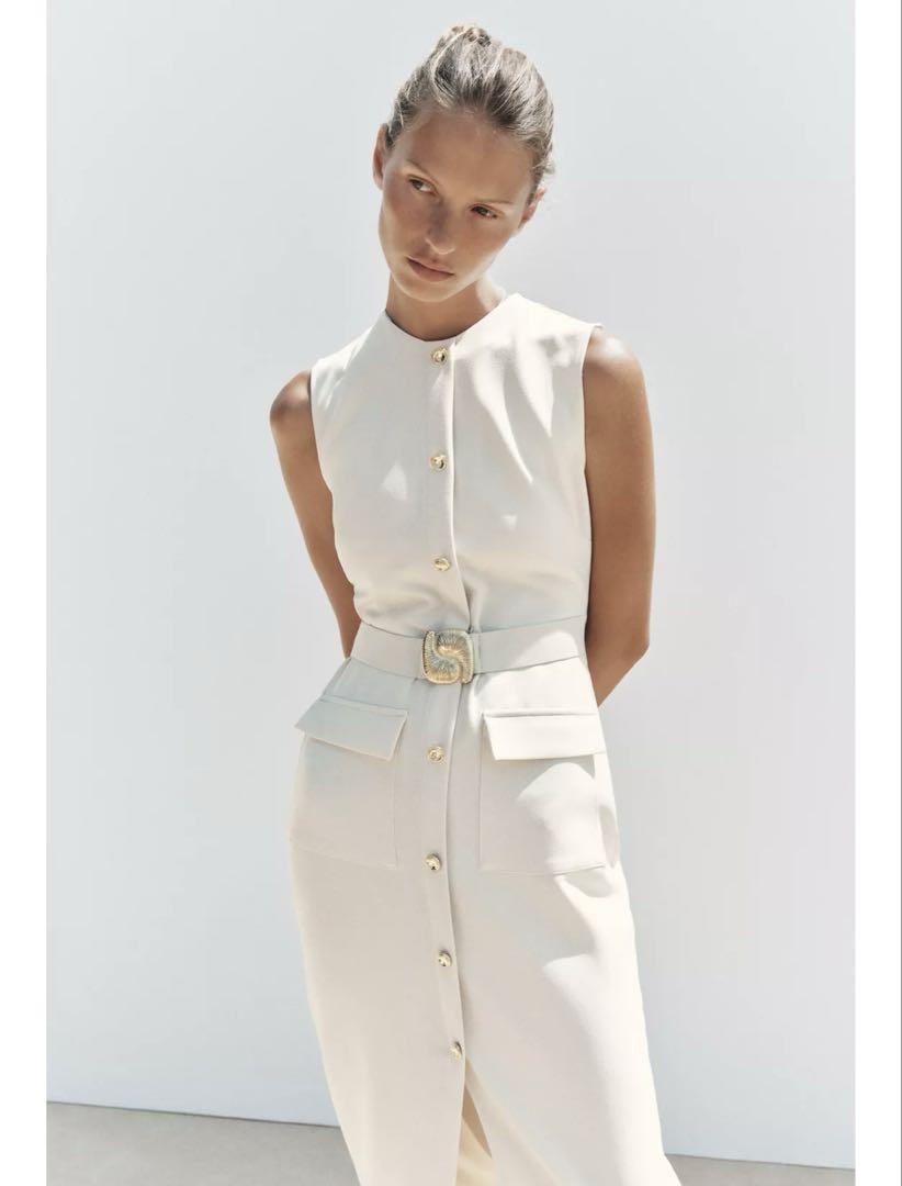 ZARA クレープ素材ベルト付きミディ丈ワンピース