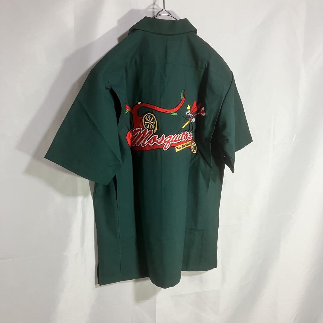 【半袖ワークシャツ/ボーリングシャツ】レーヨン混/両面刺繍/モスグリーン/美品L