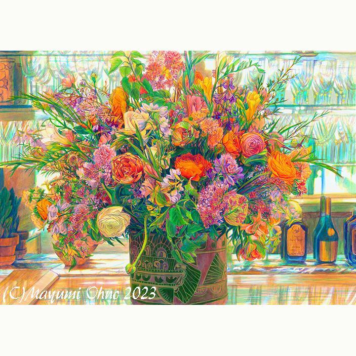 フランス　フラワー　版画　アクリル画　水彩画 　赤　オレンジ　ブラウン　茶色　花