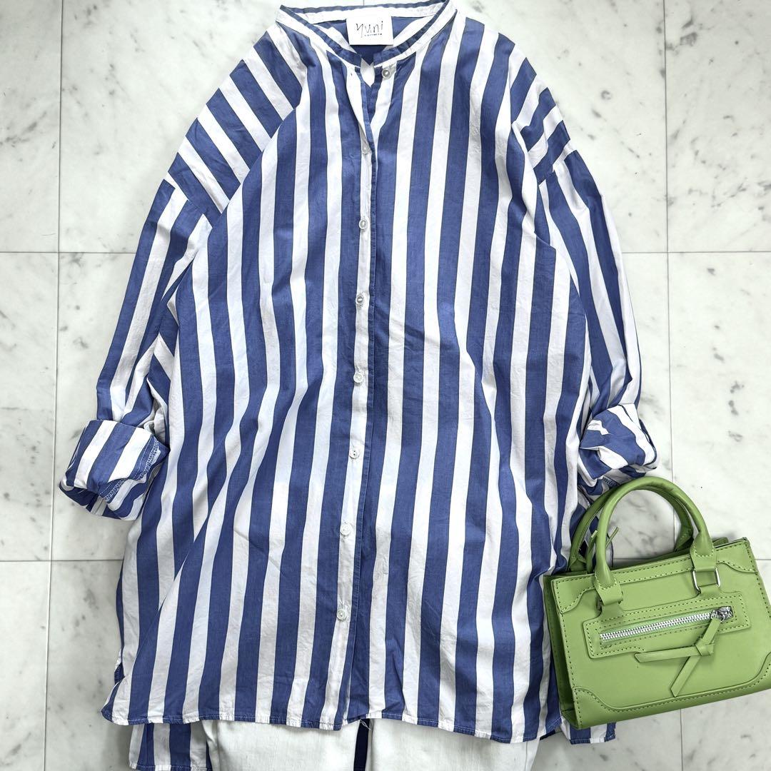美品 ▲Yuni▲ユニ//ノーカラー ブルーストライプ 長袖シャツ