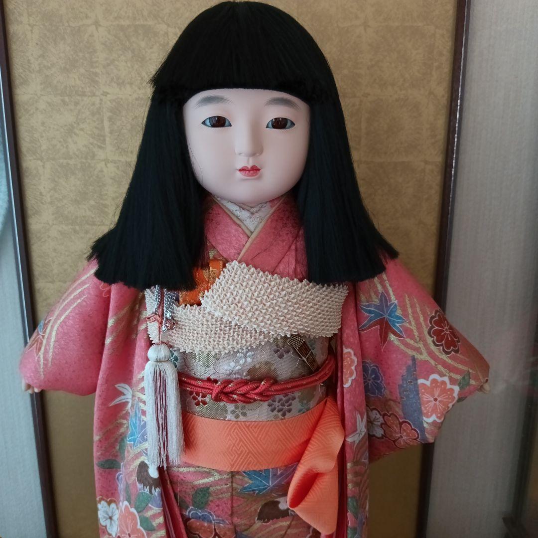 まつ毛の有る市松人形 花柄着物 黒髪　東光作 市松人形 松乾斎東光 12号 特上スガ毛 立ち 紫花柄衣裳