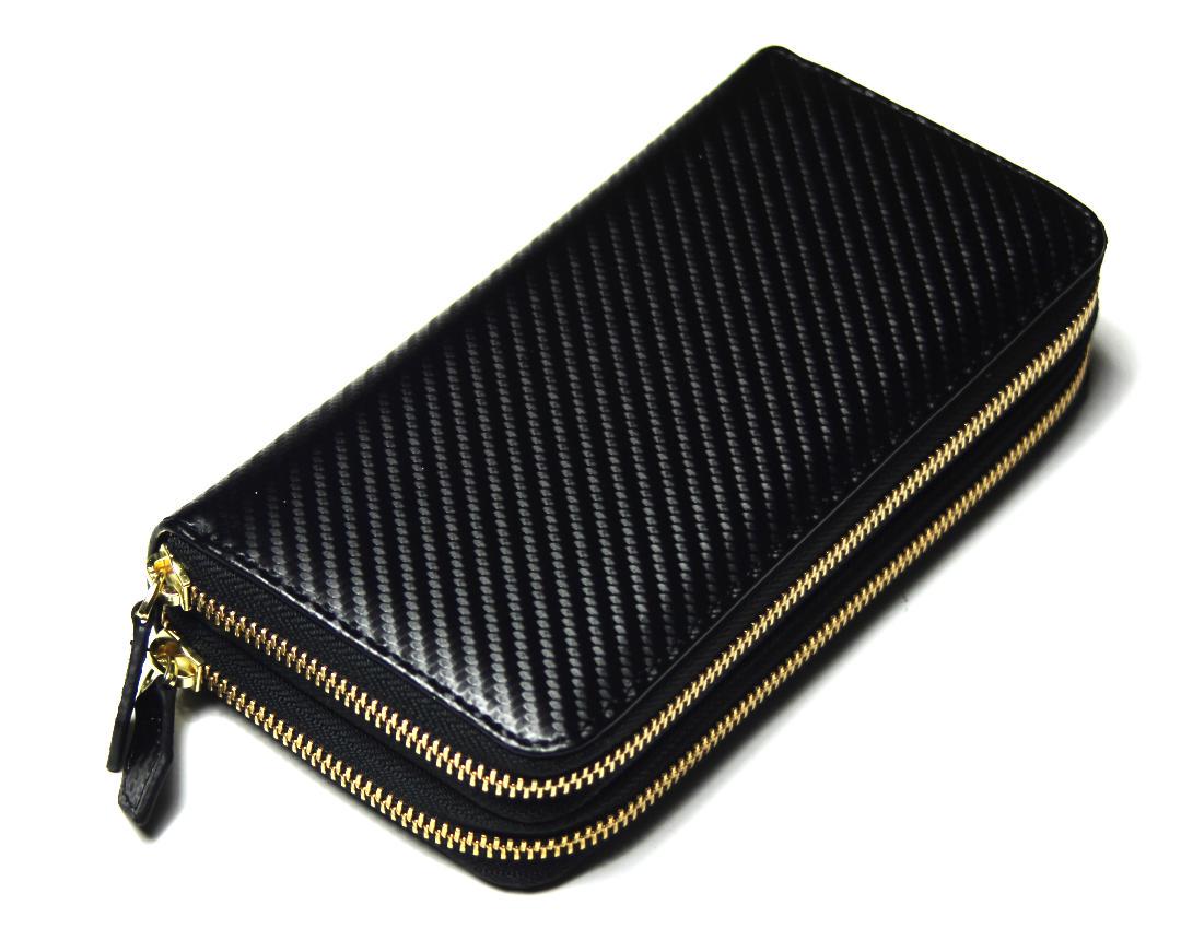 ■新品　送料込み■牛革カーボン加工　撥水　ダブルファスナーラウンドウォレット　黒