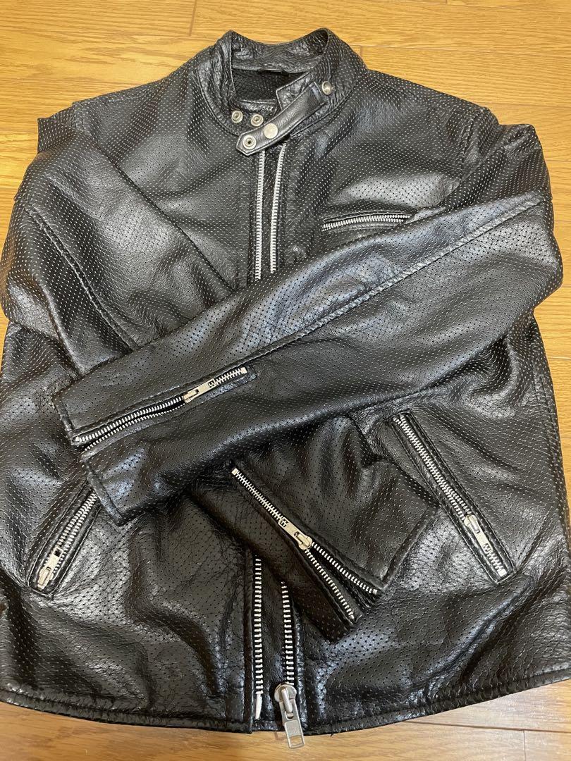 美品HORN WORKS黒メッシュパンチングレザーシングルライダースジャケット 美品HORN WORKS黒メッシュパンチングレザーシングルライダース