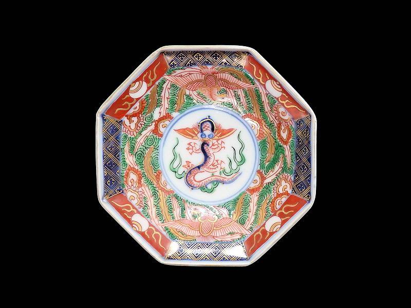 古伊万里 金襴手 鳳凰に龍の図 八角4寸皿 E703AS-CNq