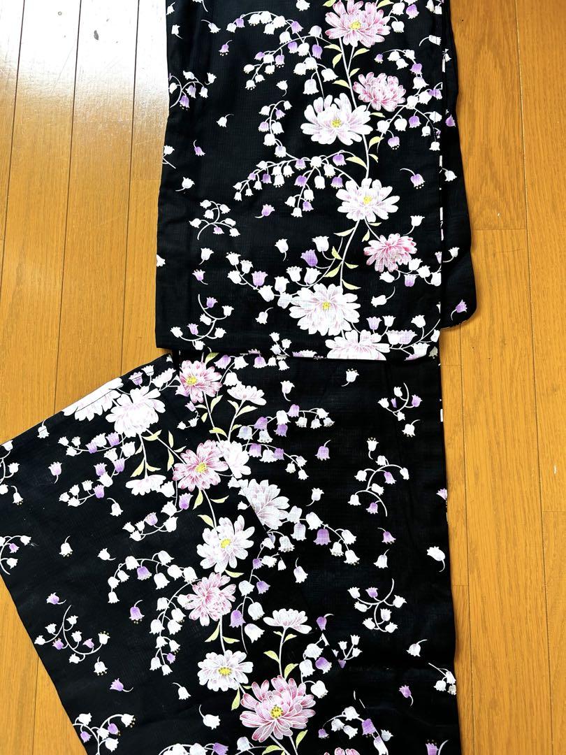 スズラン花柄　浴衣 のみ　黒色 未使用　綿紅梅　美品　大人浴衣　トール